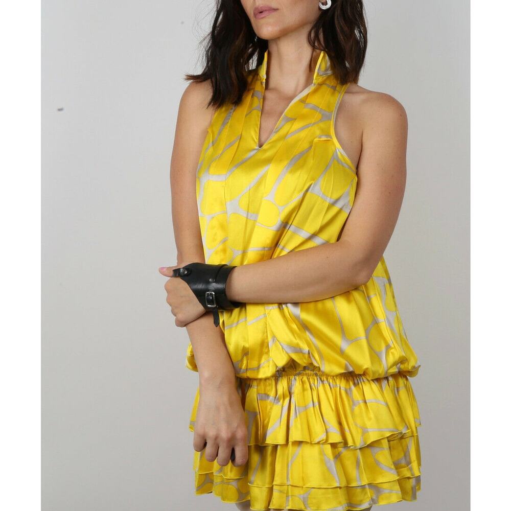 ZOA Yellow Satin Sleeveless V-Neck Drop Waist Tiered Tank Mini Dress Size XS